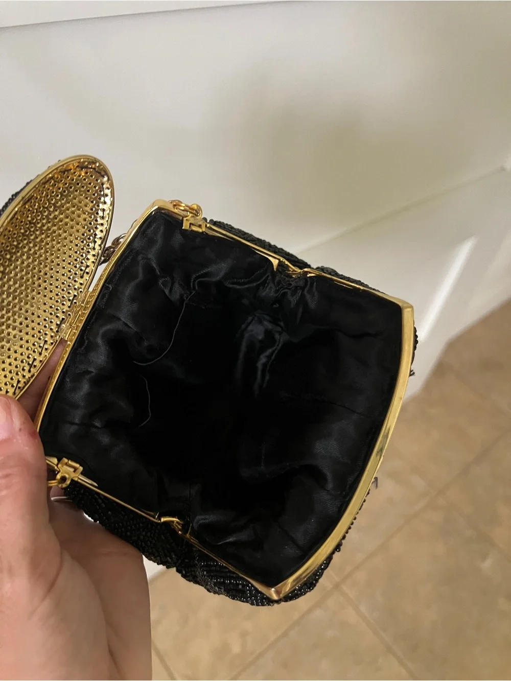 Vintage Black Beaded Evening Bag with Gold Chain